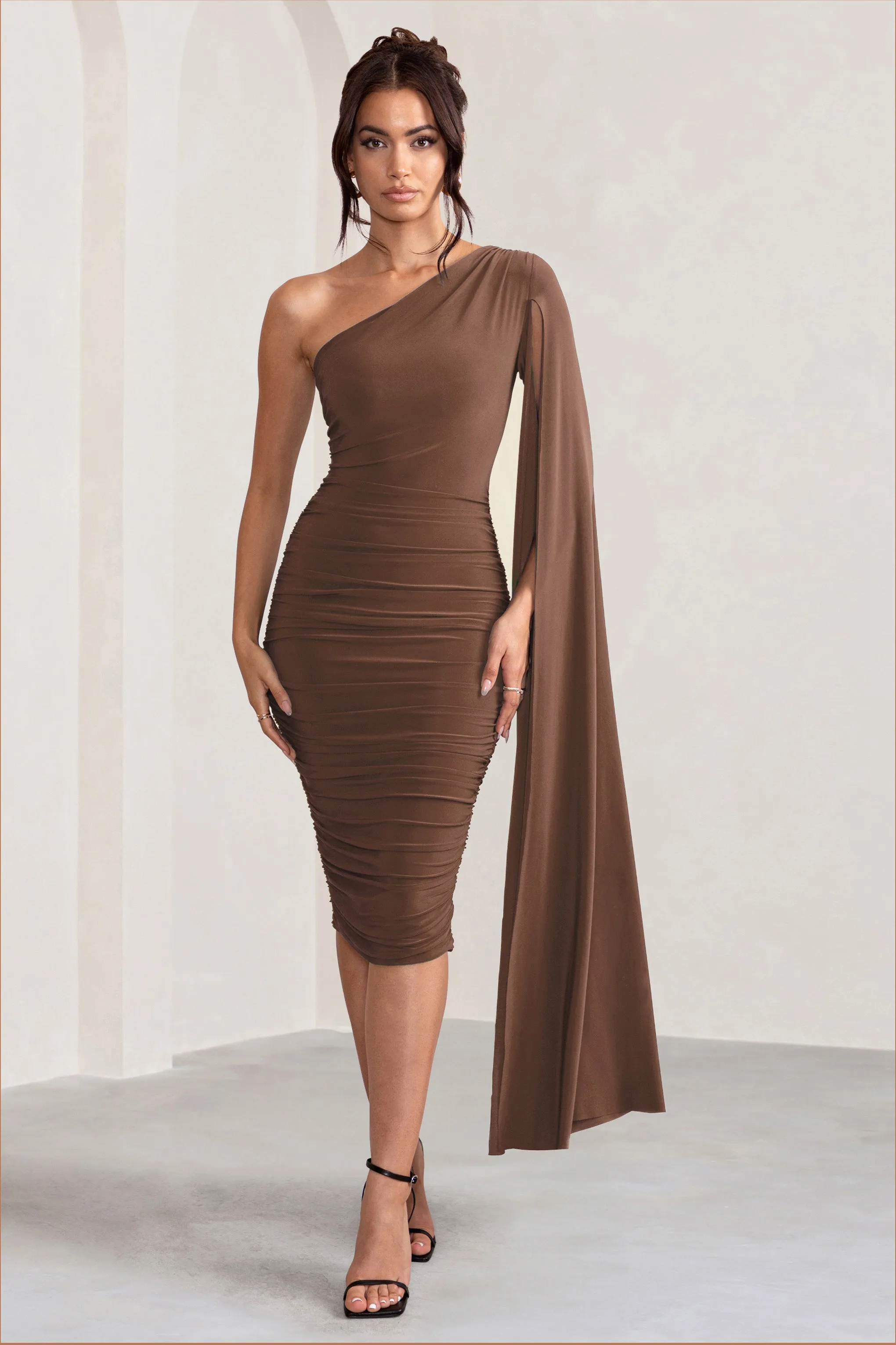 Yara | Chocolate Brown One Shoulder Cape Ruched Midi Dress