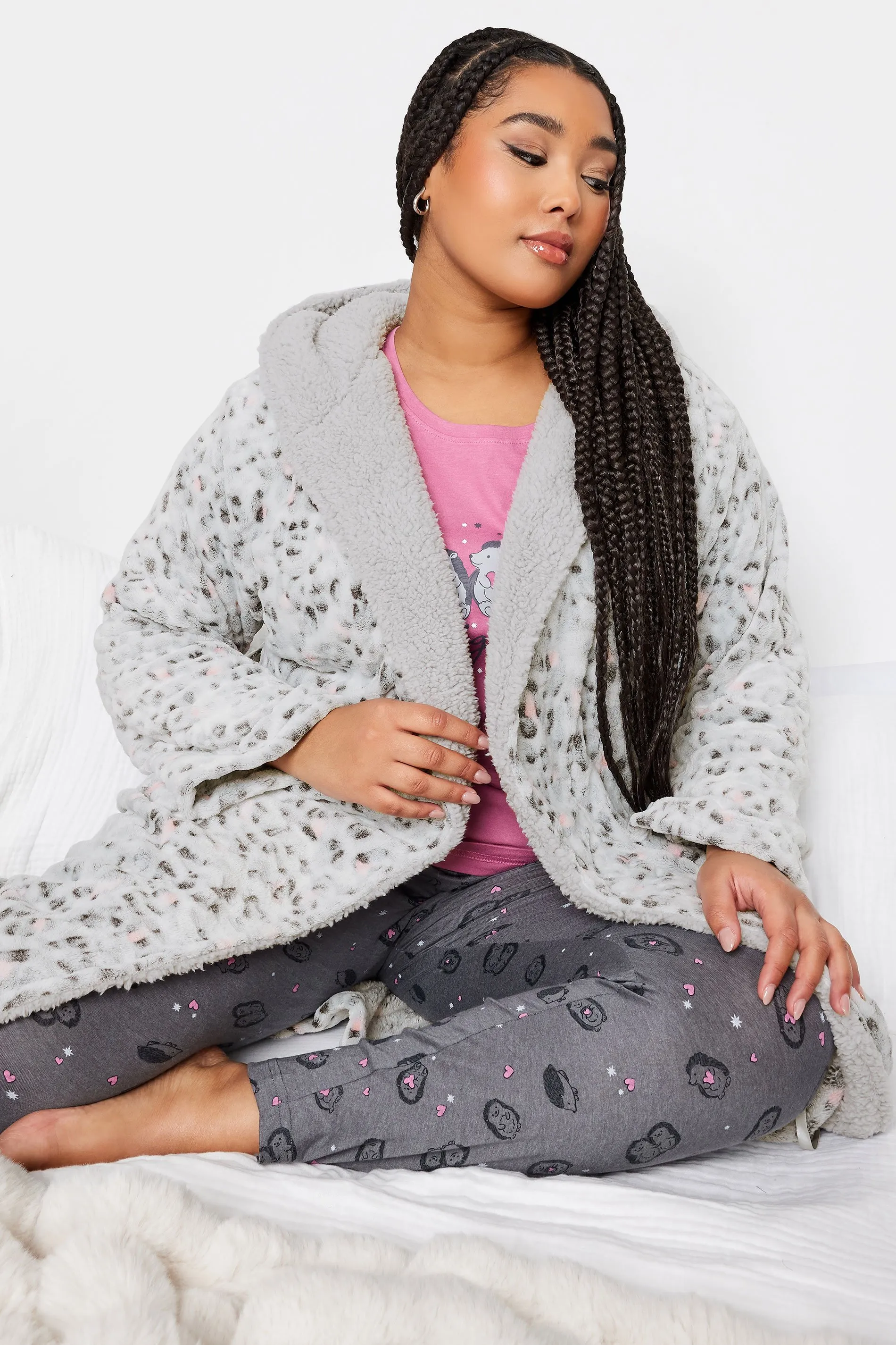 Yours Curve Light Grey Animal Print Hooded Dressing Gown