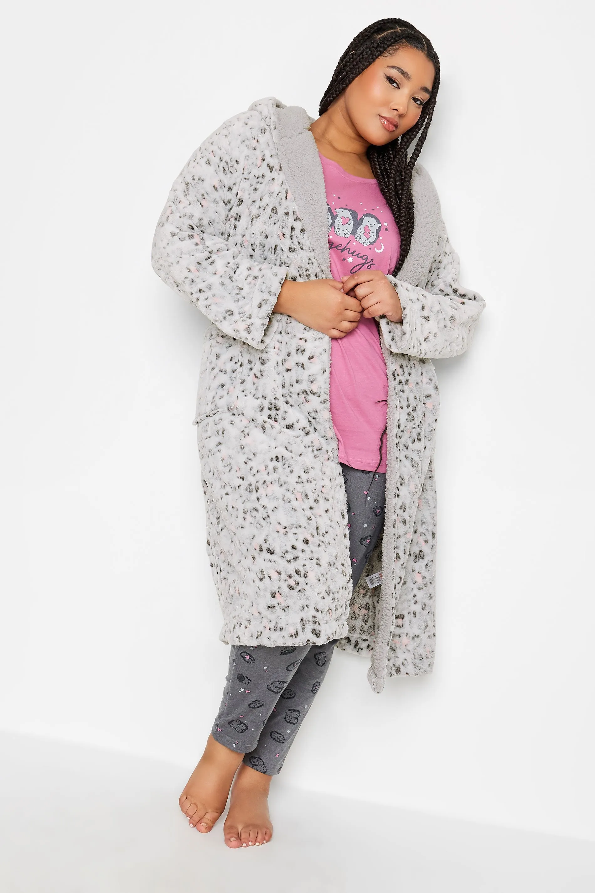 Yours Curve Light Grey Animal Print Hooded Dressing Gown