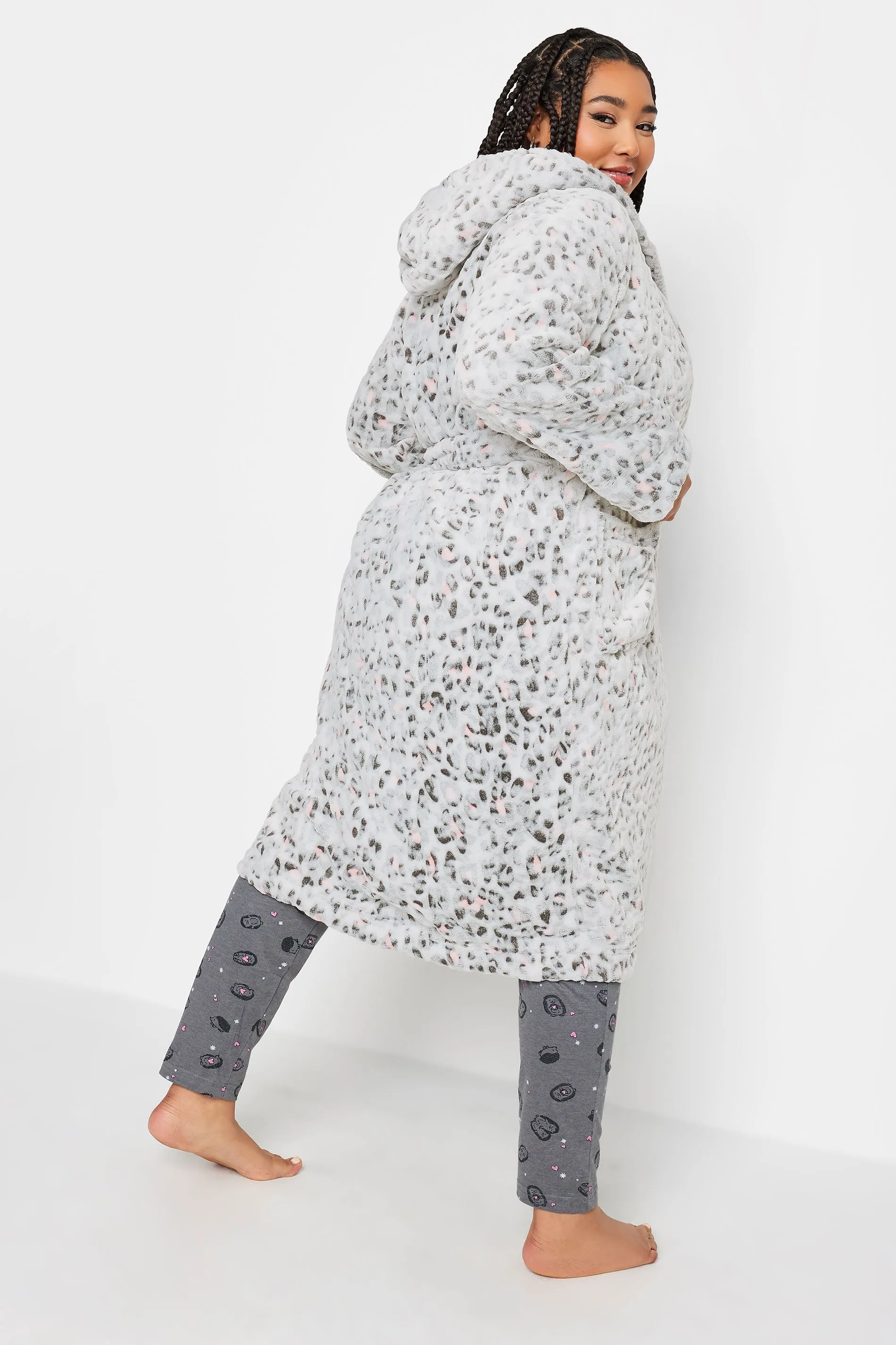 Yours Curve Light Grey Animal Print Hooded Dressing Gown