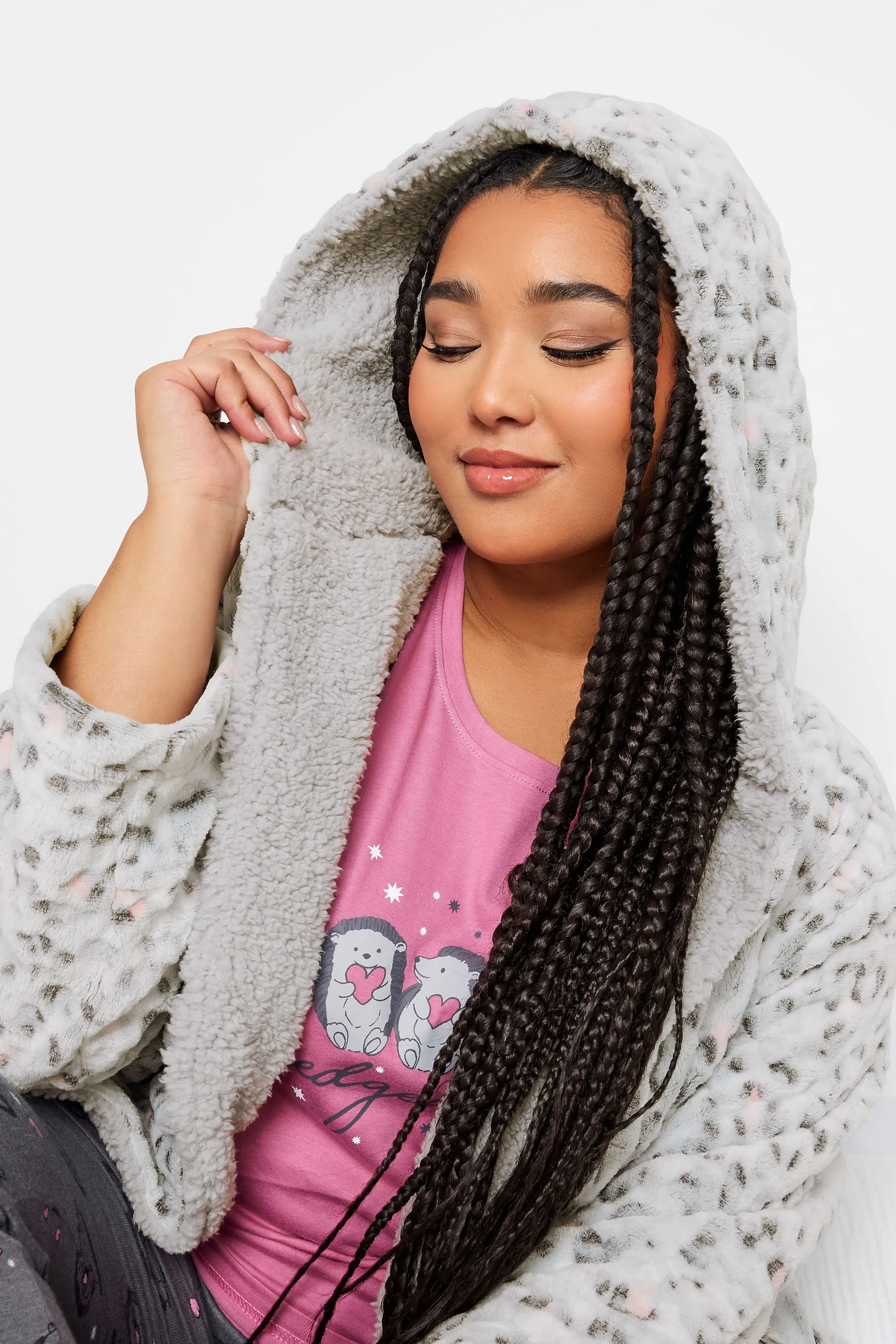 Yours Curve Light Grey Animal Print Hooded Dressing Gown